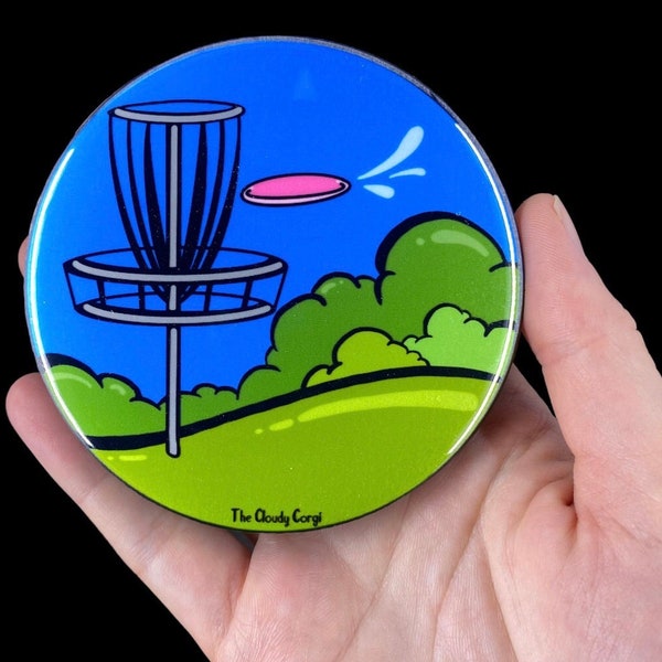 Retro Disc Golf Magnet, Psychedelic Disc Golf Art Gift, Sports Kitchen & Office Decor, 3.5" Handmade Button Style Magnet