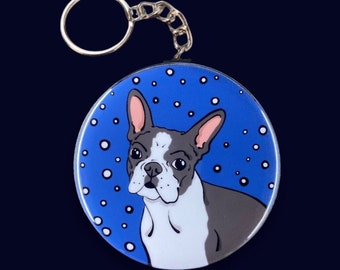 Boston Terrier Keychain, Retro Dog Accessories, Winter Backpack & Purse Charm, Cartoon Pet Portrait Art Gift, 2.25" Handmade Button Keychain