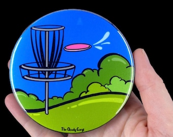 Retro Disc Golf Magnet, Psychedelic Disc Golf Art Gift, Sports Kitchen & Office Decor, 3.5" Handmade Button Style Magnet