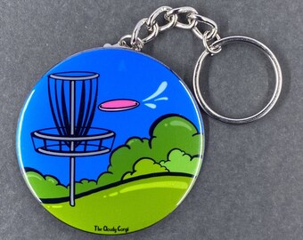 Disc Golf Keychain, Retro Outdoor Sports Accessories, Disc Golf Gifts, 2.25" Artwork Handmade Button Style Keychain
