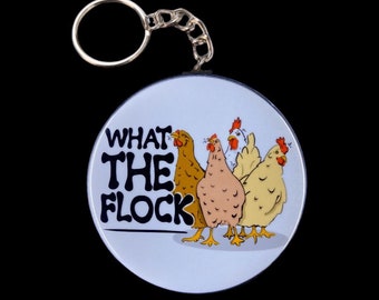 Chicken Keychain, What the Flock Chicken Key Ring, Retro Cartoon Pet Portrait Gift, 2.25" Handmade Button Keychain