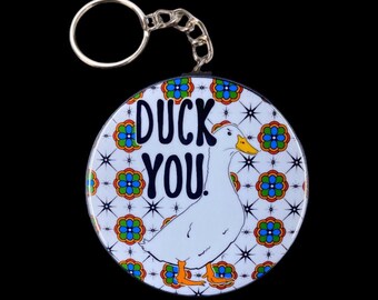Duck You Keychain, 420 Duck Backpack Accessories, Retro Cartoon Pet Portrait Gift, 2.25" Handmade Button Keychain