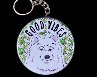 Samoyed Good Vibes Keychain, 420 Eskimo Dog Backpack Accessories, Cartoon Pet Portrait Stoner Gift, 2.25" Handmade Button Keychain