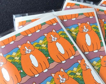 Psychedelic Fat Orange Cat Card - Handmade Tubby Kitty Notecard for Any Occasion - Feline Greeting Card Stationery Gift - Set or Single Card