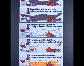 Cats and Wine Magnet, Cat Mom Gift, Funny Pet Portrait Decor, Crazy Cat Lady Wino Gifts, 1.5x4.5" High Quality Handmade Magnet