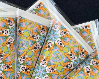 Retro Corgi Card, Psychedelic Dog Greeting Card, Floral Dog Stationery Gift, Set or Single Card + Self Seal Envelope, 5x6.5" Handmade