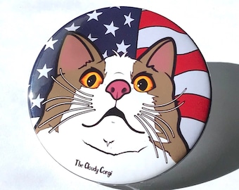 Patriotic Cat Pinback Button - Patriotic Kitty Independence Day Pin Gifts and Accessories - 2.25" or 3.5" Badge
