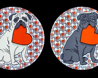 Pug Pinback Button, Handmade Dog Valentine's Day Gift, Retro Holiday Pet Portrait Accessories, 2.25" or 3.5" Black or Fawn Pug Available