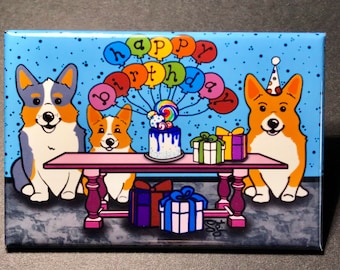 Corgi Birthday Magnet – 2x3" Handmade & Hand-Illustrated Magnet – Cute Party Dog Art, Gift for Corgi Lovers, Fun Fridge or Office Decor