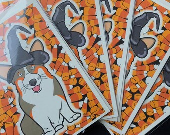 Tricolor Corgi & Candy Corn Halloween Greeting Card - Spooky Dogs in Costume Holiday Note Card - Seasonal Stationery Set or Single Card