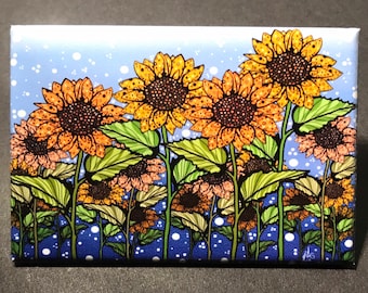 Psychedelic Sunflower Magnet, Retro Floral Kitchen & Office Decor, Whimsical Landscape Art Gift, 2x3" High Quality Handmade Magnet