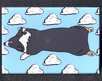 Tricolor Corgi in the Clouds Magnet, Retro Dog Kitchen & Office Decor, Funny Splooting Corgi Art Gift,  High Quality Handmade Magnet 2 Sizes