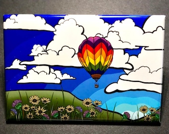 Rainbow Hot Air Balloon Magnet, Retro Kitchen & Office Decor, Psychedelic Landscape Art Gift, Whimsical Balloon Decoration, 2x3" Handmade