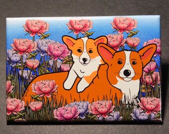 Corgis in the Peoney Flowers Magnet, Floral Dog Kitchen & Office Decor, Corgi Mother's Day Gift, Retro Dog Kitchen and Office Decor, 2x3"