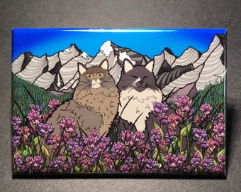 Maine Coon Cat Mountain Magnet – Siberian Forest Cat Fridge or Locker Decor, Psychedelic Nature Art Gift, Handmade Cat Lover Accessory