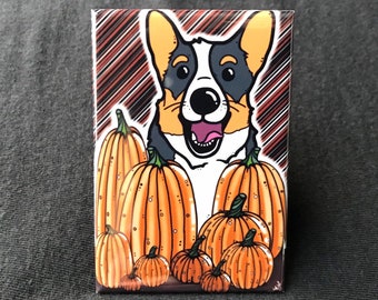 Tricolor Corgi Pumpkin Magnet - Seasonal Fall Gifts & Decor - Autumn Dog Fridge Magnet - Halloween Dog Decor
