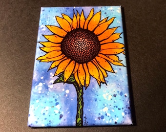 Psychedelic Sunflower Magnet, Whimsical Wildflower Art, Floral Kitchen & Office Decor, 2x3" High Quality Handmade Magnet