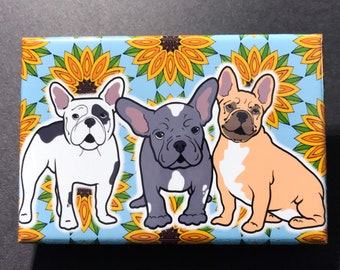 French Bulldog Sunflower Magnet, Floral Dog Kitchen & Office Decor, Cartoon Pet Portrait Art Gift, 2x3" High Quality Handmade Fridge Magnet