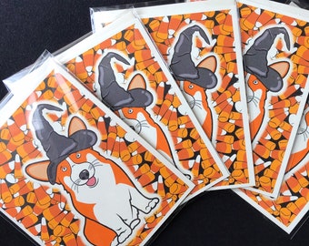 Corgi & Candy Corn Halloween Greeting Card - Spooky Dogs in Costume Candy Holiday Note Card - Seasonal Dog Stationery Set or Single Card