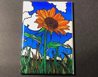 Psychedelic Sunflower Magnet, Retro Floral Kitchen & Office Decor, Modern Farmhouse Decoration, 2x3" High Quality Handmade Magnet