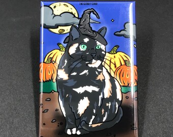 Tortoiseshell Cat Magnet, Calico Cat Halloween Gift, Spooky Holiday Kitchen Decor, Halloween Locker Decoration, 2x3" Handmade Fridge Magnet