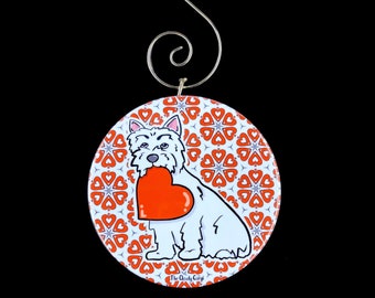 West Highland White Terrier Ornament, Valentine's Day Westie Dog Gift, Handmade Mini 2.25" Pet Portrait Ornament, Stocking Stuffer Gift