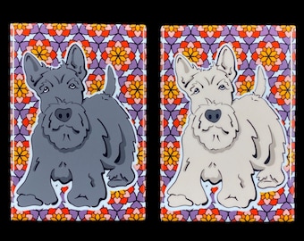 Retro Scottish Terrier Dog Magnet, Psychedelic Dog Decor, Cartoon Pet Portrait Art Gift, 2x3" Handmade Magnet - Black or Wheaten Available