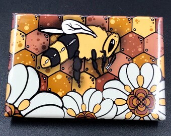 Psychedelic Bee Magnet, Wildflower Insect Cartoon Art Gifts & Collectibles, Gifts for Beekeepers and Nature Lovers, Bee and Flower Magnet