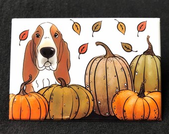 Basset Hound Pumpkin Magnet, Halloween Dog Decor, Holiday Pet Portrait Gift, Cute Fridge & Locker Decoration, Handmade Magnet 2x3"