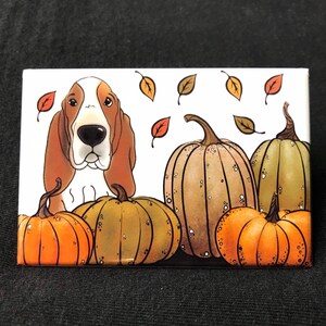 Basset Hound Pumpkin Patch Magnet, Handmade Fall Decor (2x3")