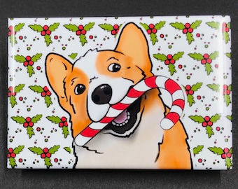 Corgi Christmas Magnet, Candy Cane Dog Portrait Gift, Holiday Dog Kitchen & Office Decor, Corgi Lover Stocking Stuffer Gift, 2x3" Handmade
