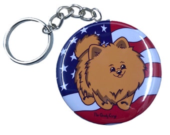 Pomeranian Keychain, Patriotic Dog Accessories, USA Flag Pet Portrait Key Ring, 2.25" Artwork Handmade Keychain