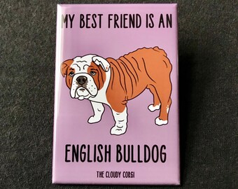 English Bulldog Magnet, Retro Dog Kitchen & Office Decor, Cartoon Pet Portrait Art Gift, 2x3" High Quality Handmade Magnet