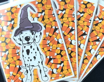 Dalmatian & Candy Corn Halloween Card - Autumn Holiday Dog Note Card - Seasonal Dalmatian Stationery Note Card Set or Single Card