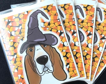 Basset Hound Halloween Card - Candy Corn Dog Note Card - Hound Dog Holiday Stationery - Single Card or Set of 5 Cards Available