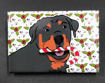 Rottweiler Magnet, Candy Cane Dog Portrait Gift, Rottweiler Christmas Stocking Stuffer Gift, 2x3" High Quality Handmade Magnet