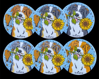 Australian Shepherd Sunflower Handmade Dog Portrait Art Gift & Accessory - Magnet, Pinback Button, Bottle Opener, Keychain, Mini Ornament