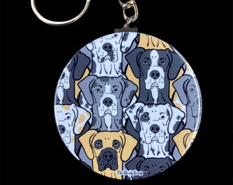 Great Dane Keychain, Retro Dog Accessories, Groovy Dog Backpack & Purse Charm, Cartoon Pet Portrait Art Gift, 2.25" Handmade Button Keychain