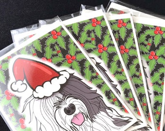 Old English Sheepdog Christmas Card - Santa Paws Holiday Blank Notecard for All Ages - Seasonal Sheep Dog Stationery Gift Set or Single Card