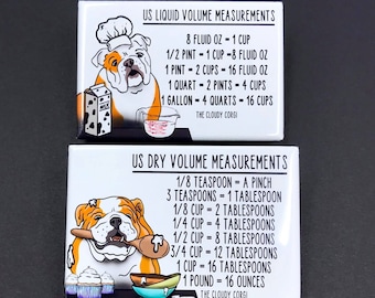 English Bulldog Kitchen Measuring Chart Magnet Set, Dog Baking and Cooking Conversion Table Magnets, Set of 2 (2x3") Handmade Fridge Magnets