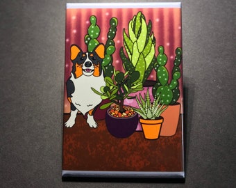 Tricolor Corgi Cactus Magnet, Funny Dog Kitchen & Office Decor, Retro Dog and Plants Mini Art Print, 2x3" High Quality Handmade Magnet