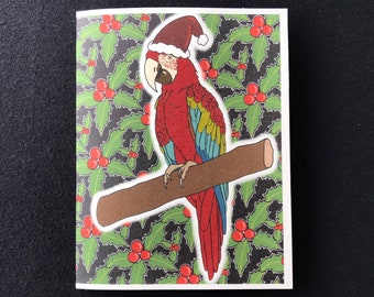 Macaw Christmas Card - Santa Parrot Holiday Greeting Card - Tropical Bird Seasonal Stationery Gift Set or Single Card