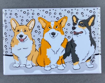 Corgi Dogs in the Snow Magnet, Holiday Kitchen & Office Decor, Corgi Christmas Stocking Stuffer Gift, 2x3" Handmade Magnet