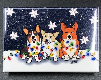 Corgi Christmas Lights Magnet, Dog Holiday Kitchen Decor, Funny Christmas Stocking Stuffer Gift, Corgi Kitchen Decor, 2x3" Handmade Magnet