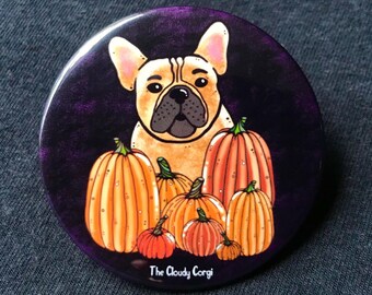French Bulldog Pumpkin Pinback Button, Frenchie Dog Pin, Holiday Dog Backpack Accessories, Fall Pet Portrait Jacket Pin, 2.25 or 3.5"
