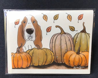 Basset Hound Pumpkin Patch Greeting Card - Autumn Holiday Dog Note Card - Hound Dog Seasonal Stationery Set or Single Card