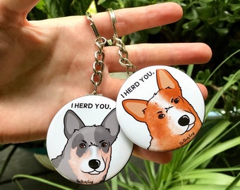 Australian Cattle Dog Keychain, I Herd You Funny Dog Key Ring, Pet Portrait Accessories, 2.25" Artwork - Handmade, Red or Blue Heeler Avail