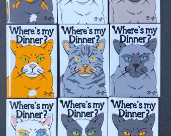 Where’s My Dinner? Cat Magnet – Handmade 2x3" Funny Fridge Magnet Decor – Hand Illustrated Grumpy Cat Art in 9 Colors – Pet Lover Gift
