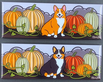 Welsh Corgi Pumpkin Patch Magnet, Autumn Holiday Dog Decor,  Funny Dog Gifts, High Quality Handmade Magnet 1.5x4.5"