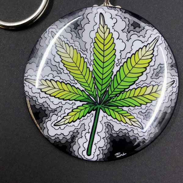 Psychedelic Cannabis Art Keychain, 420 Stoner Gift, Pot Leaf Key Ring Accessories, Handmade Button Style Key Chain with 2.25" Art